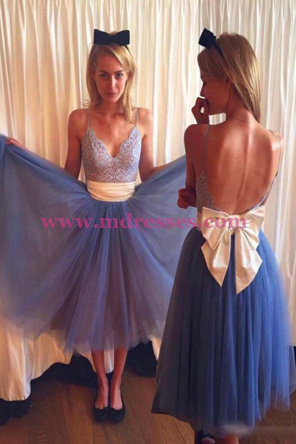 Lace and Tulle Spaghetti Straps Prom Dresses Party Evening Gowns 537