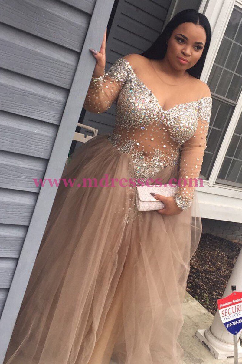 Long Sleeves V-Neck Beaded Plus Size Prom Dresses Party Evening Gowns 547