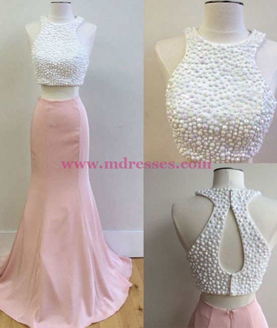Two Pieces Pink White Prom Dresses Party Evening Gowns 549