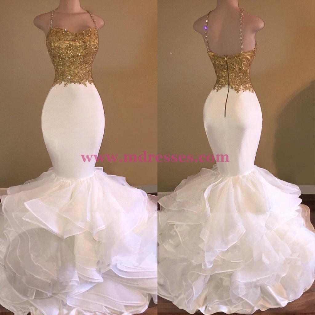 Ruffles Gold Lace Appliques Sleeveless Spaghetti Strap Beading Sexy Mermaid Prom Evening Dresses 551