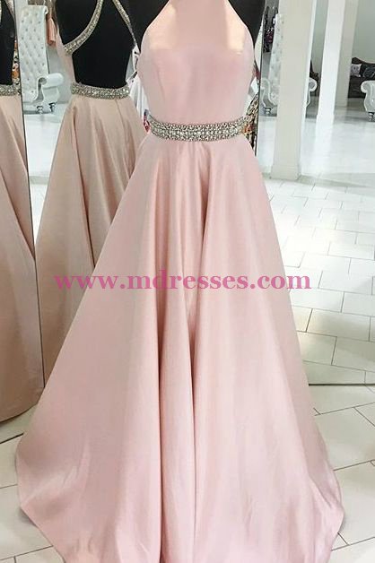 Long Pink Backless Beaded Halter Party Prom Evening Dresses 552