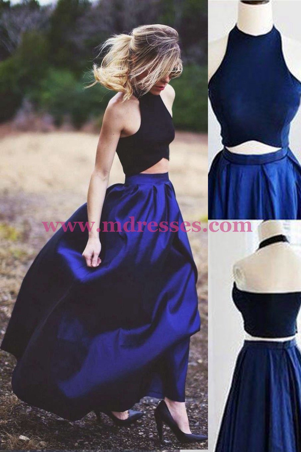 Chic Two Pieces Halter Sleeveless Royal Blue Floor-Length Prom Dresses 553