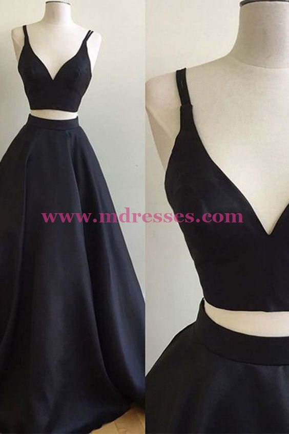 A-Line Two Pieces Simple Long Black Prom Dresses 554