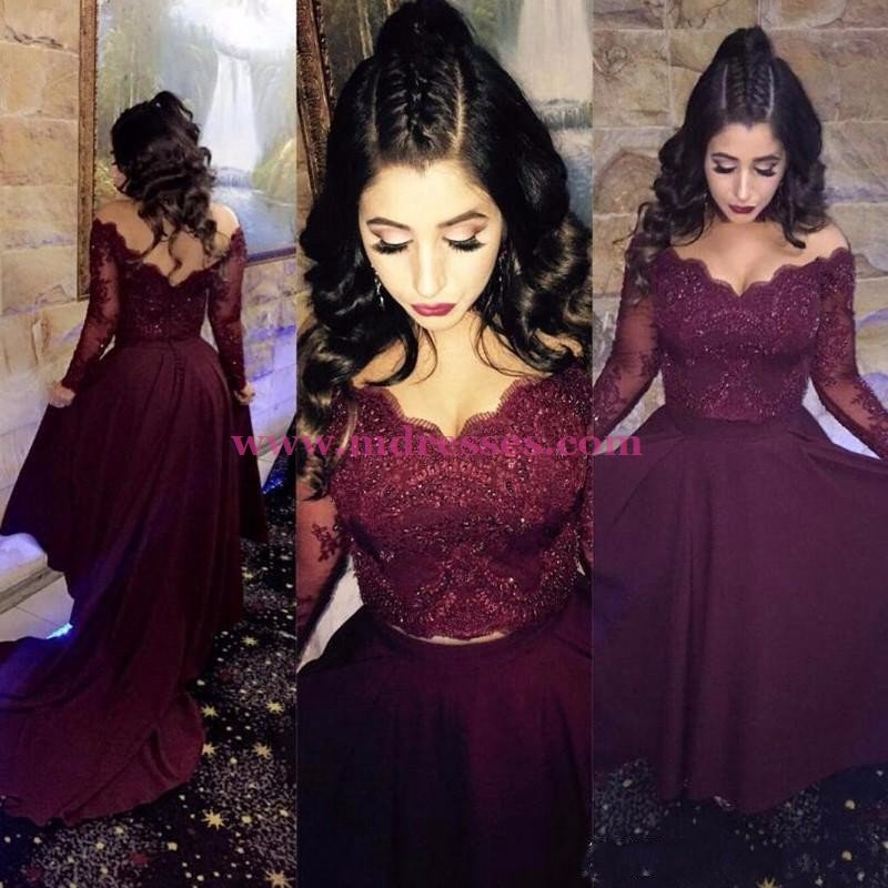 Assymetrical Two Pieces Lace Burgundy Long Evening Party Prom Dresses 556