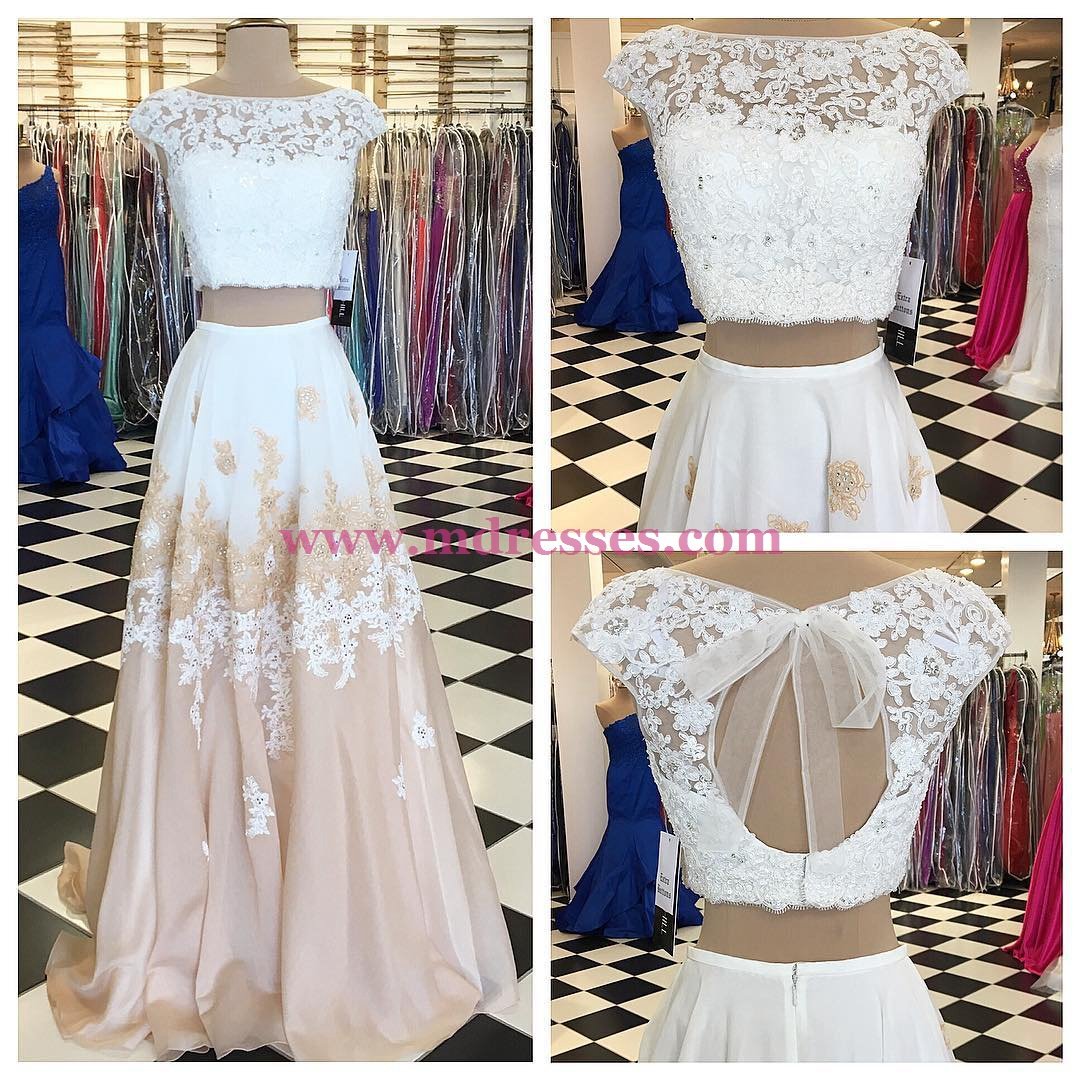 A-line Two Piece Long Floor Length Prom Dress with Open Back 557