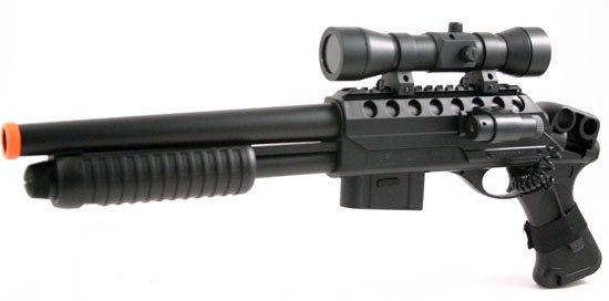 AS33: M47B Airsoft Pump Shotgun w/Scope, Light, Laser
