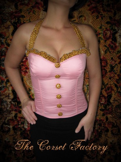 Pinup, Rockabilly, Pink Leopard button Corset