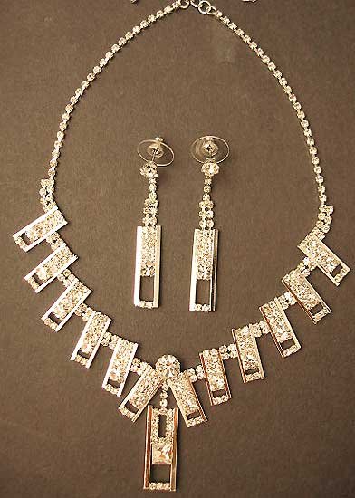 Rhinestone Necklace Earring Set Stud Silver Link Dangle