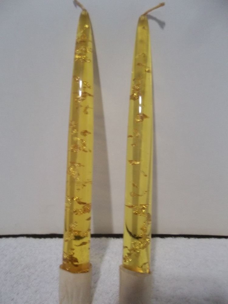 Vtg Pair 8" Lucite Acrylic Candlesticks Candles Gold w/ Gold Flakes 857