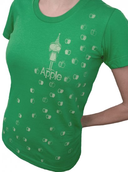"Apple's Apples" 100% Organic Tee, Girl with Apples on Green Tee, Size Small