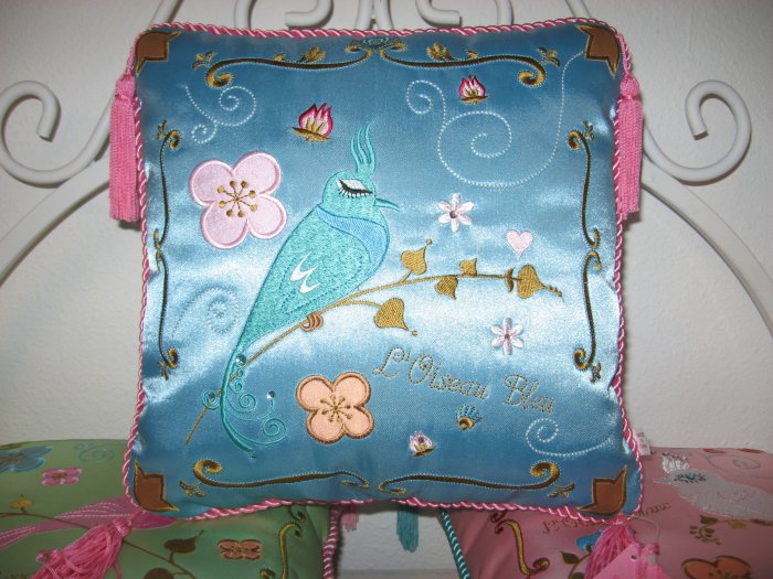 Beautiful Blue Silk Embroidered Bird Pillow
