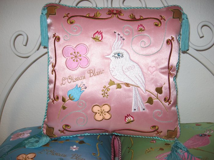 Beautiful Pink Silk Embroidered Bird Pillow
