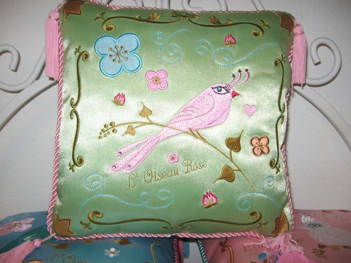 Beautiful Green Silk Embroidered Bird Pillow
