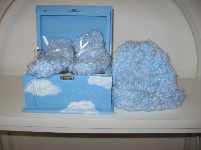 Light Blue Knit Baby Hat and Booty Set in Painted Cloud Box