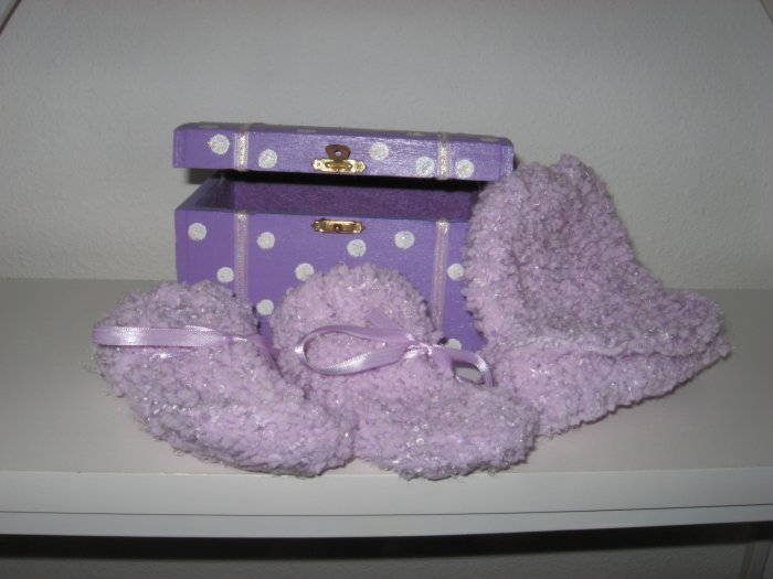 Purple Knit Baby Hat and Booty Set in Hand Painted Box