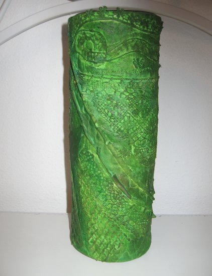 Hand Dyed Lace and Fabric Wrapped Glass Vase