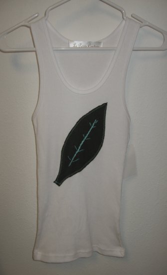 White Tank Top with Hand Stitched Leaf, Size Small/Medium