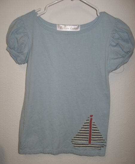 Blue Short Sleeve Top with Hand Stitched Sail Boat, Size Small