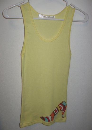 Yellow Tank Top with Hand Stitched High Heel on Front and Back, Size Small/Medium