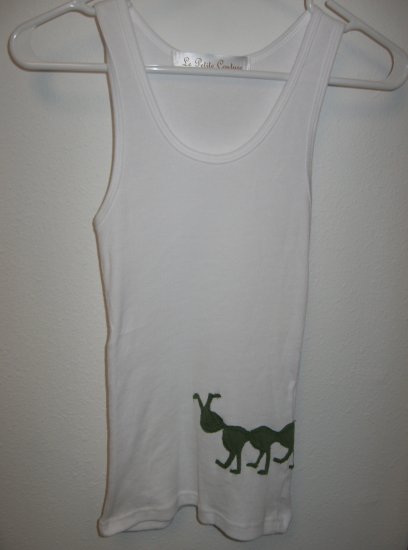 White Tank Top with Hand Stitched Caterpillar, Size Small