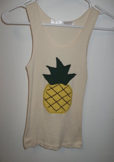 Cream Tank Top with Hand Stitched Pineapple, Size Small