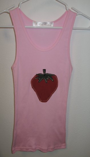Pink Tank Top with Hand Stitched Strawberry, Size Small/Medium