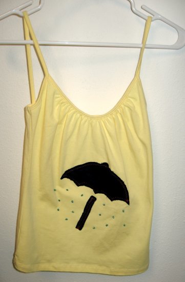 Yellow Tank Top with Hand Stitched Umbrella and Blue Pearl Bead Rain Drops, Size Small/Medium