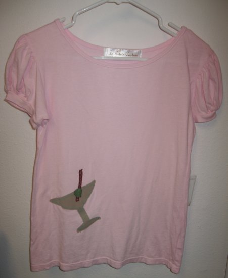 Pink Short Sleeve Top with Hand Stitched Martini, Size Medium