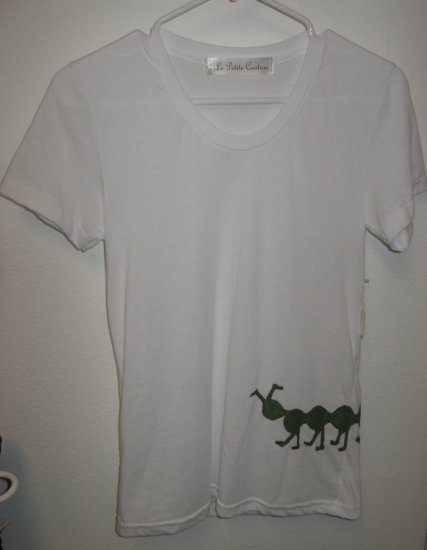White Short Sleeve Top with Hand Stitched Caterpillar, Size Medium