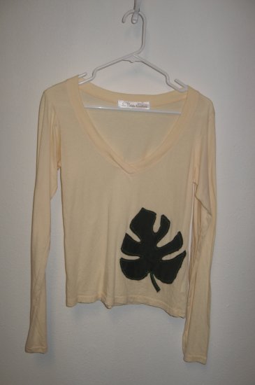 Cream Long Sleeve V-Neck with Hand Stitched Leaf, Size Medium