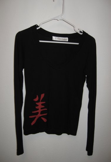 Black Long Sleeve V-Neck with Hand Stitched Chinese "Beauty" Symbol, Size Small/Medium