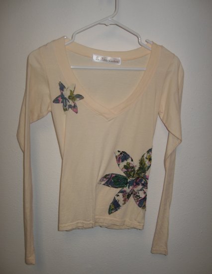 Cream Long Sleeve V-Neck Top with Hand Stitched Flowers, Size Small
