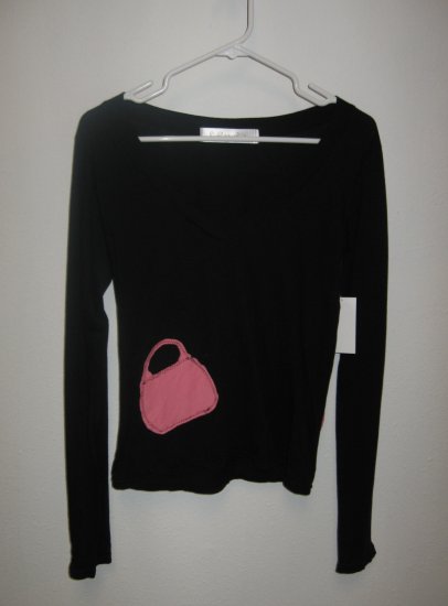 Black Long Sleeve V-Neck Top, Hand Stitched Purse on Front High Heel on Back, Medium/Large