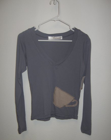 Blue Gray Long Sleeve V-Neck Top with Hand Stitched Coffee Cup, Size Medium