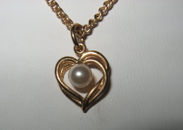 Retro Gold Plated Heart with Pearl Bead on Gold Chain, Necklace
