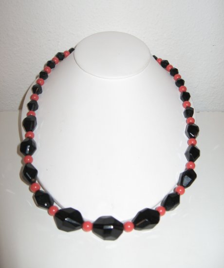 Vintage Black and Orange Round Plastic Beads, Necklace
