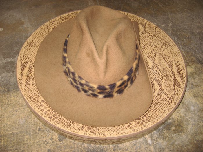 Vintage Safari Hat, Tan Felt, Cheetah Print Rim