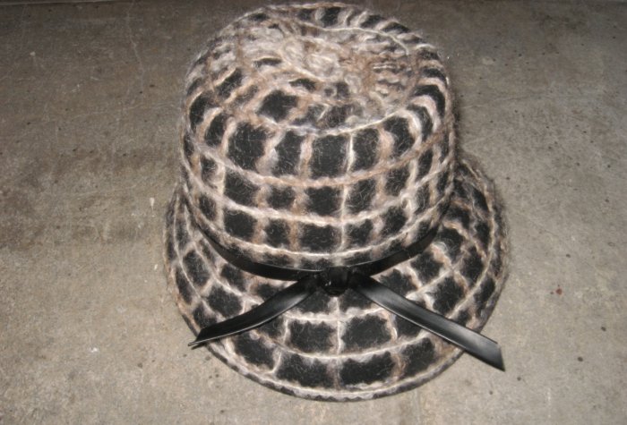 Vintage Hat, Felt Base with Knit Details in Black and White Hat, Black Leather Trim Detail