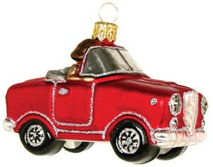 Hand Blown Glass Ornament, Just Married Couple in Car