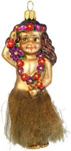 Hand Blown Glass Ornament, Hula Girl with Grass Skirt