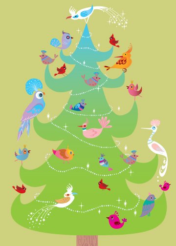 Christmas Tree with Birds, Holiday Card