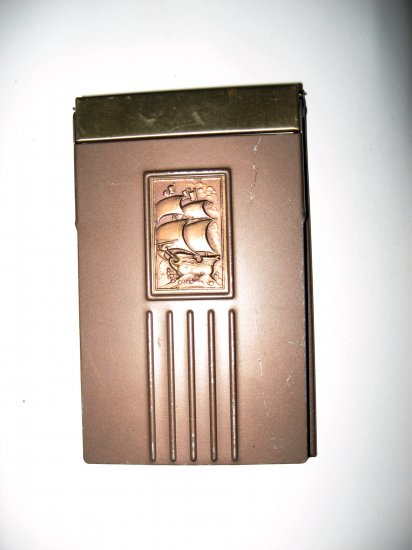 Vintage Tan Colored Metal Note Pad Holder with Embossed Ship