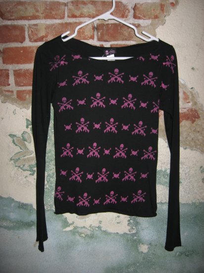 *New* Adeline Long Sleeve Black Top with Skulls and Guns, Size Small