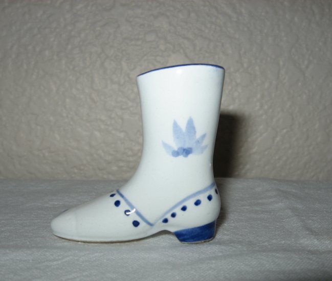 White Miniature Boot with Hand Painted Blue Design