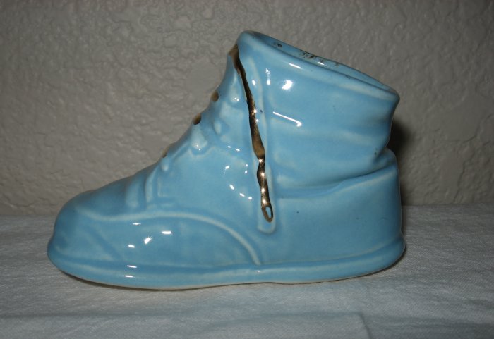 Baby Blue Ceramic Shoe w/Gold Laces.
