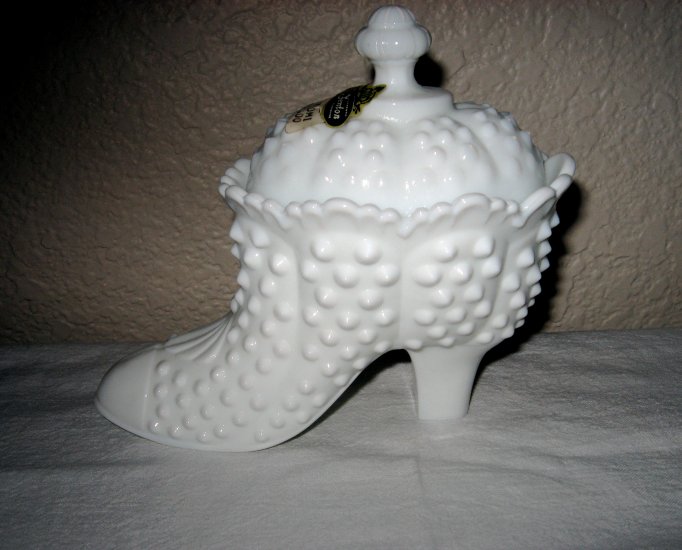 Fenton White Covered Hobnail Shoe Candy Dish (circa 1971)
