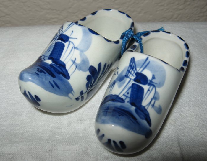 Pair of Delft Hand Painted Blue Ceramic Clogs.