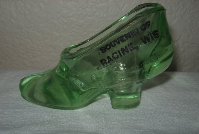 Souvenir Clear Green Shoe From Racine, Wisconsin.
