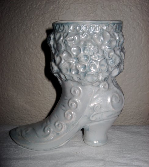 Light Blue Ceramic Boot Decorated w/Floral Design.