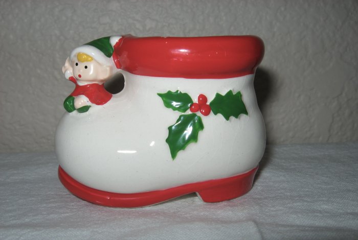 White and Red Glass Christmas Shoe with Elf